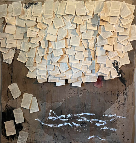 "Cristo con il fucile in spalla" (Riszard Kapuscinski), tecnica mista su telone di canapa, 180x170 cm circa, 2022