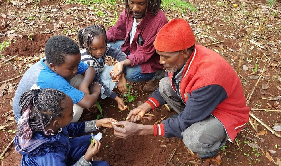 An elder with young people on the land