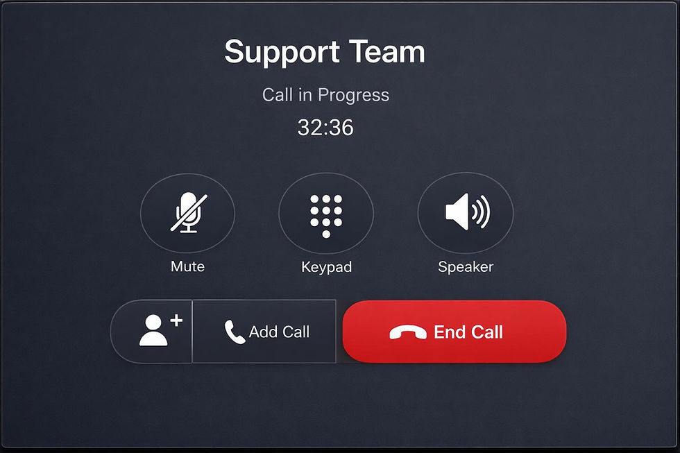 Call screen for a 'Support Team' phone call.