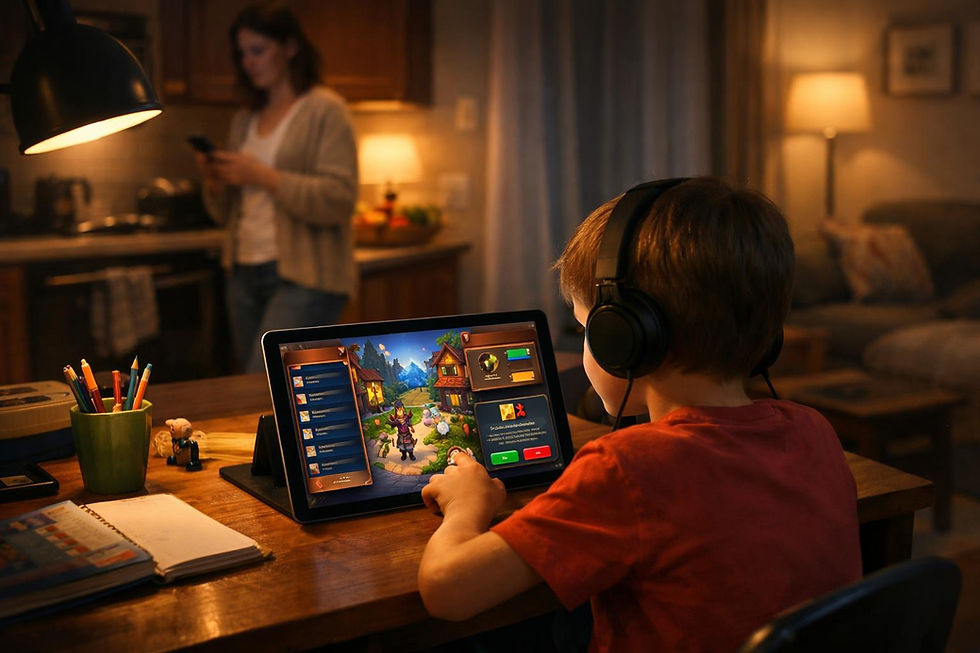 Boy wearing headphones playing game on tablet
