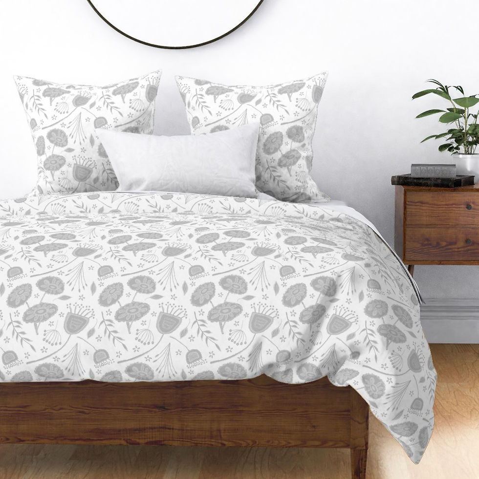 White bedding set featuring a delicate grey floral surface pattern, styled on a wooden bed frame in a minimalist bedroom with modern decor.