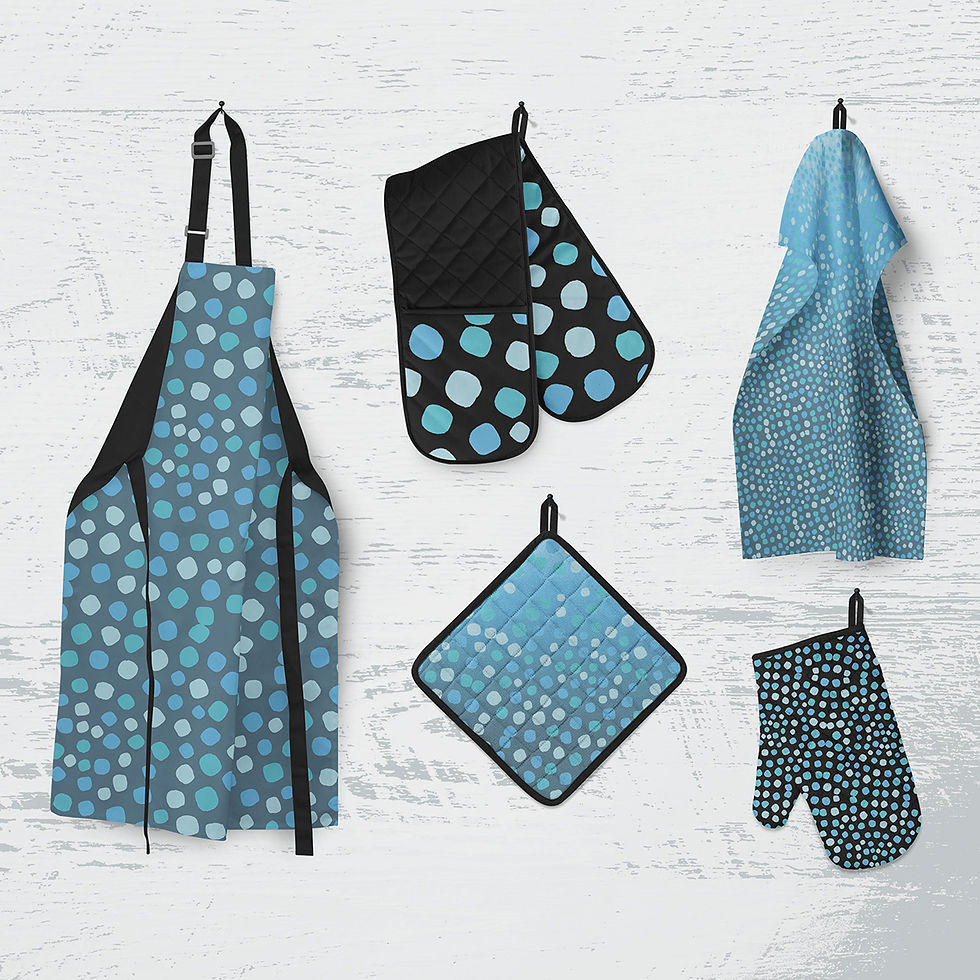 Kitchen textile mockups including apron, oven gloves, tea towel, and pot holder, all featuring a hand-drawn radial dot pattern in cool blue tones by Infinity Designer.