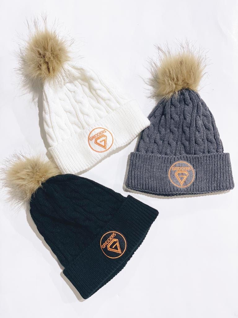 Gridders Cable Knit Beanie with Faux Fur Pom Pom