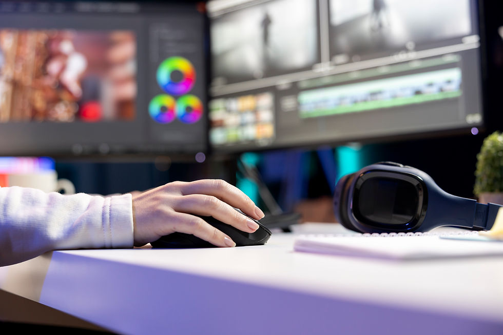 Someone's hand holding a computer mouse sat in front of two screens editing a video.