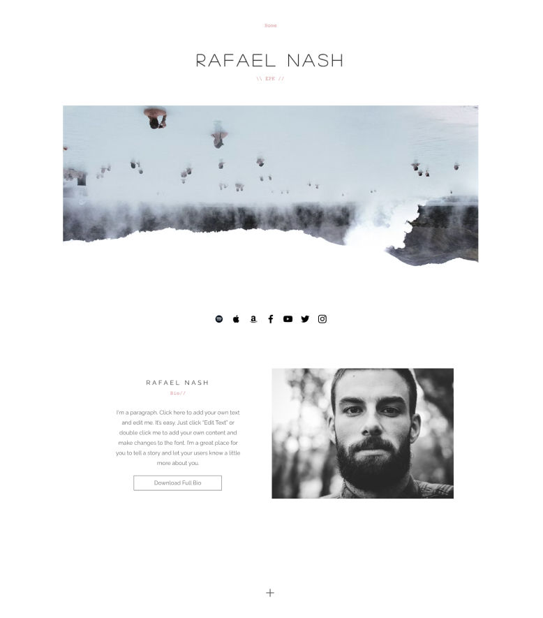 Esempio di sito web Wix per l'artista Rafael Nash, con un design minimalista, font sottile e un'immagine artistica centrale che ritrae figure in un paesaggio nebbioso o termale capovolto.