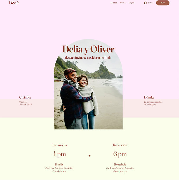 Plantilla de un sitio web de eventos de bodas con botón para reservar una reunión y datos de contacto.