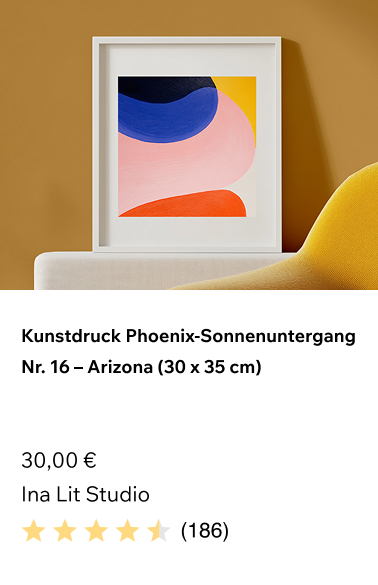 Beispiel für eine Produktkarte von Wix mit einem gerahmten abstrakten Kunstdruck.