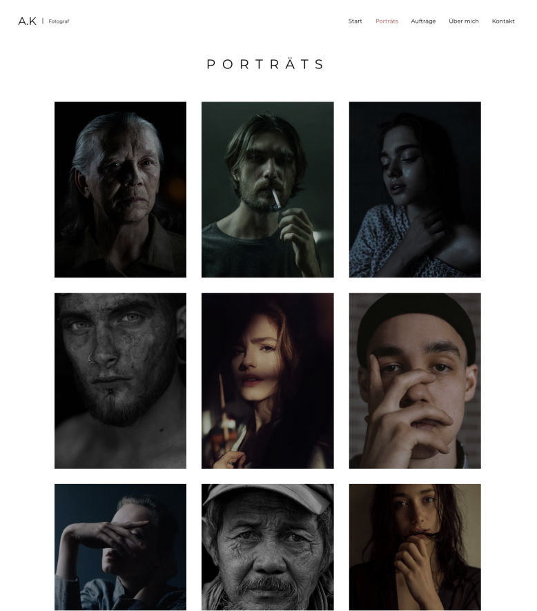 Beispiel einer Foto website von einem Fotografen, der auf Porträtfotografie spezialisiert ist.