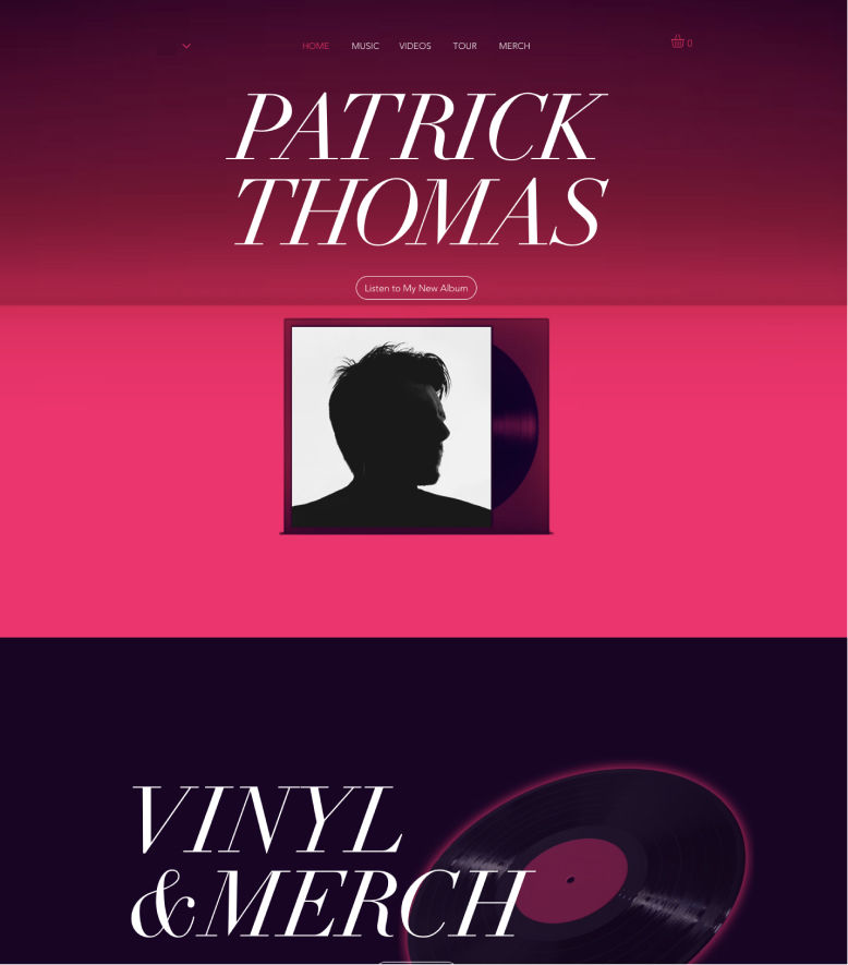 Esempio di sito web Wix per il musicista Patrick Thomas, caratterizzato da uno sfondo rosa acceso, tipografia audace e l'anteprima della copertina di un album in vinile.