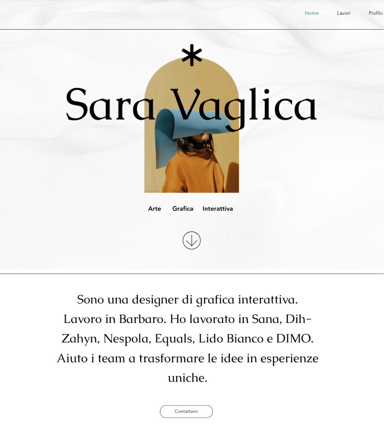 Esempio di portfolio fotografico professionale su Wix che mostra una selezione di progetti creativi e lavori di identità visiva.