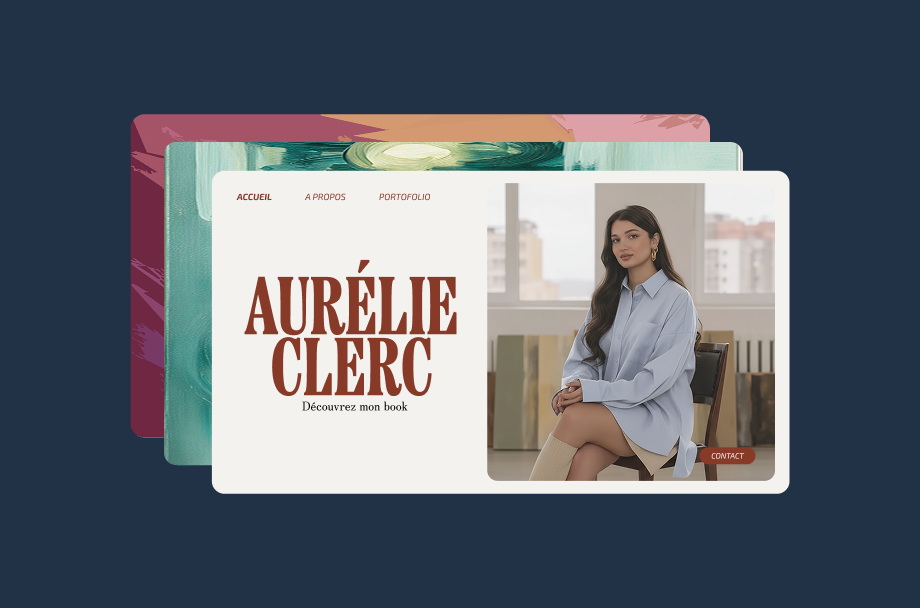 Page de book en ligne avec une femme assise, fond urbain flou. Texte: "AURÉLIE CLERC, Découvrez mon book". Couleurs pastel.