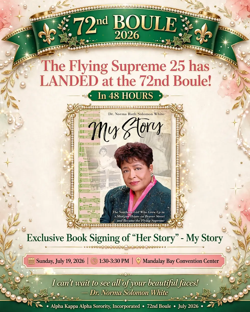 Event flyer for the 72nd Boule 2026 featuring Dr. Norma Ruth Solomon White promoting an exclusive book signing of 'Her Story'