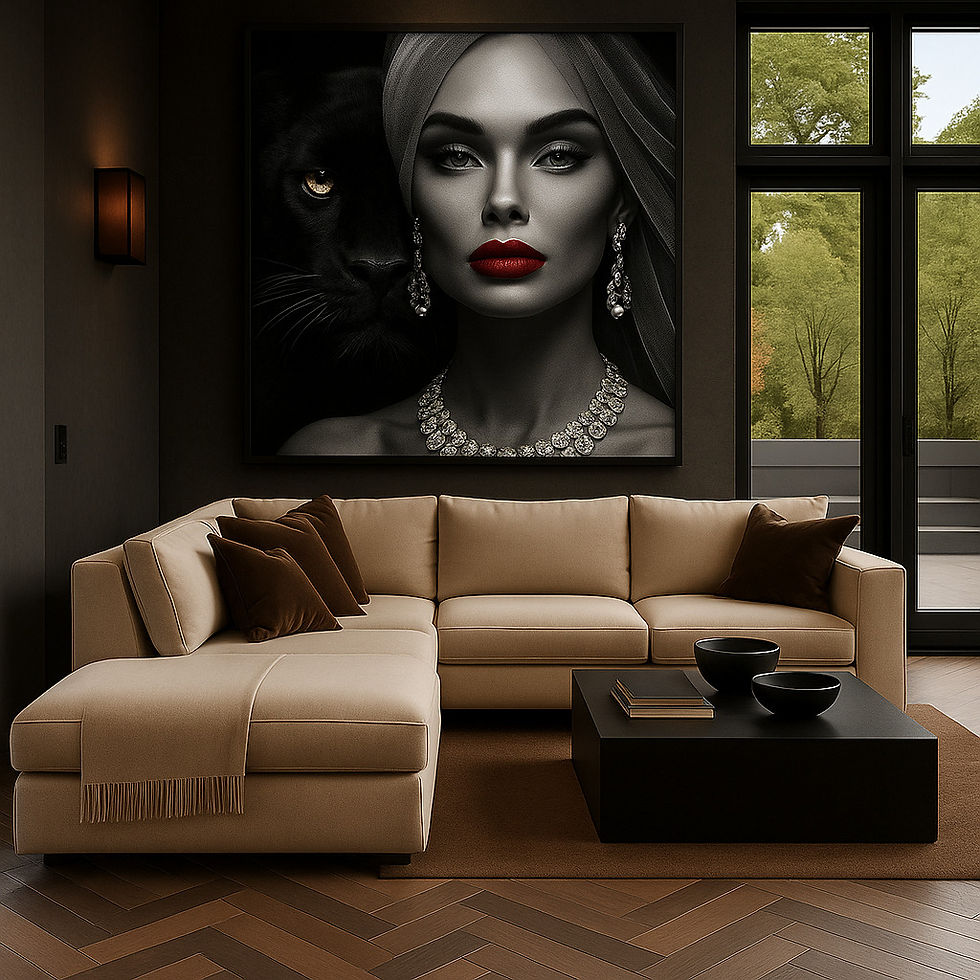 Luxe zwart-wit panter kunstwerk – vrouw met rode lippen, diamanten ketting en zwarte panter met gouden ogen – Royal Panthera