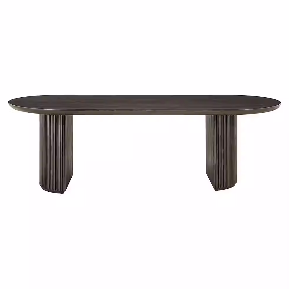 Thumbnail: Detail van de poten van de Ovale Eettafel Kingston Eiken Dark Coffee, ijzeren onderstel en eikenhout