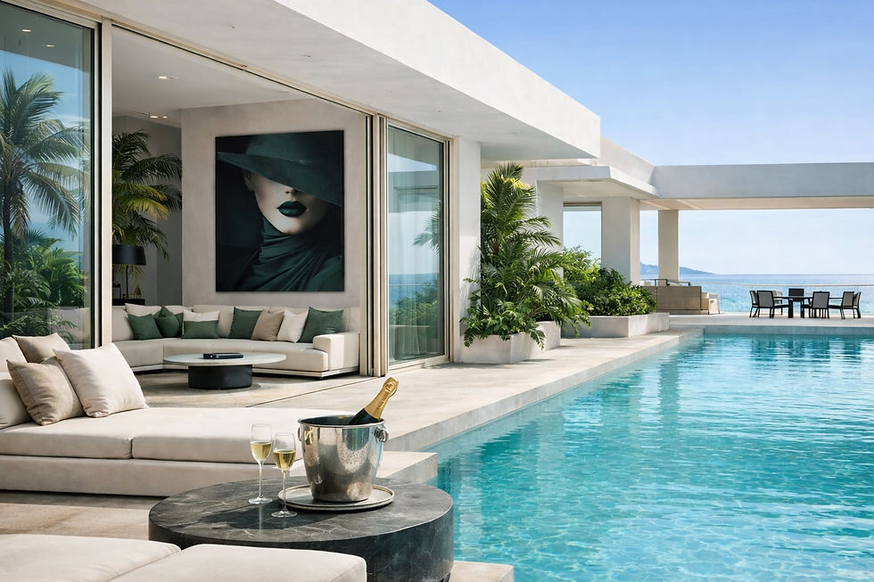 luxe wanddecoratie vrouw groen modern interieur zwembad luxe sfeer