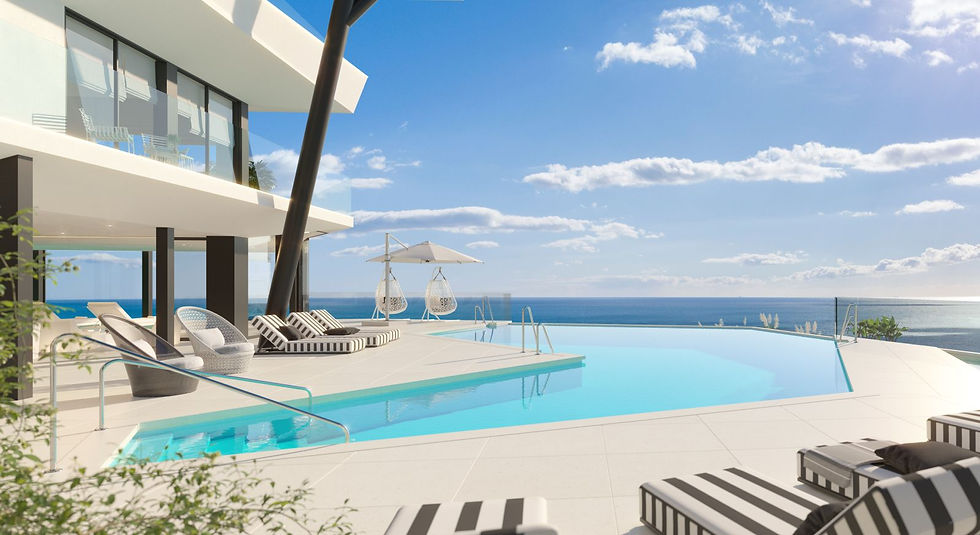 Thumbnail: Uitzicht op infinity pool en weelderige tuin in nieuwbouwproject vlakbij het strand in Carvajal