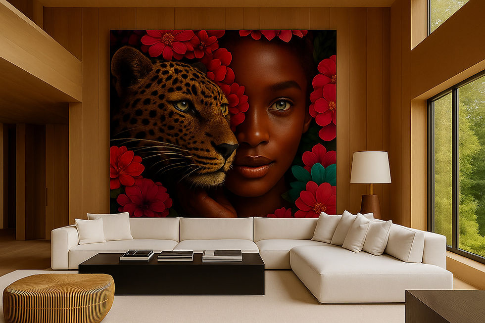 Panter vrouw kunstwerk – kleurrijk bloemenportret op luxe wanddecoratie