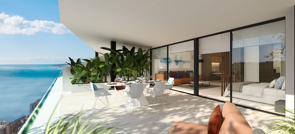 Thumbnail: Uitzicht op infinity pool en weelderige tuin in nieuwbouwproject vlakbij het strand in Carvajal