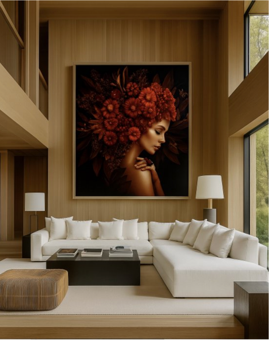 <img src="witte-bloemen-dame-art-empire.jpg" alt="Luxe wanddecoratie vrouw met bloemen in roodtinten | Art-Empire – A Royal