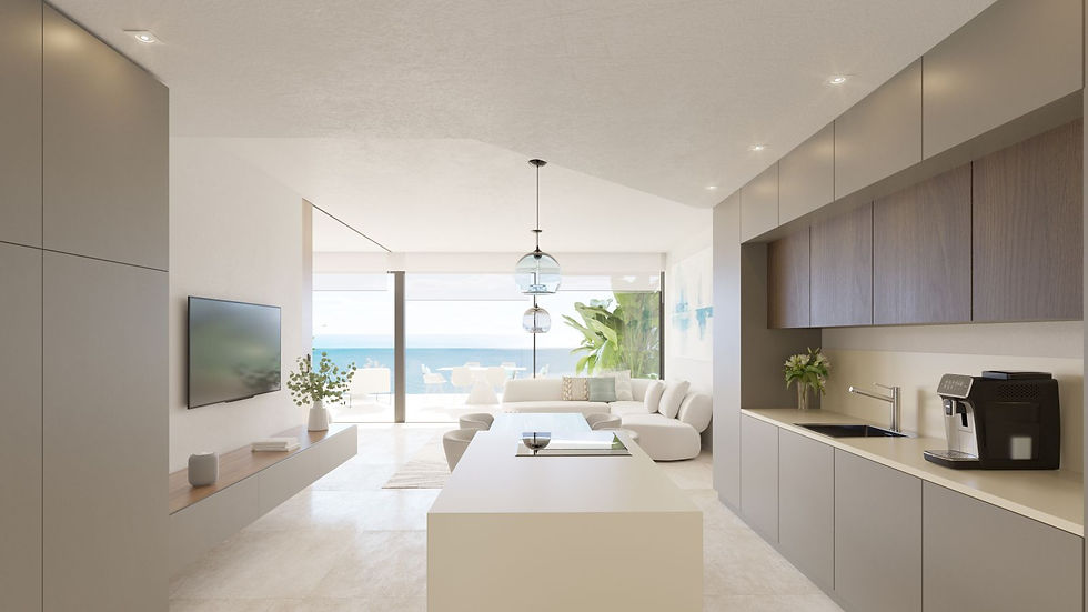 Thumbnail: Moderne en lichte woonkamer met grote ramen in luxe appartementencomplex aan de Costa del Sol.