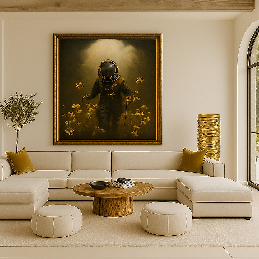 Gouden sculpturale vaas Pot Vertical – Gilded Elegance in luxe interieur met wandkunst van Art-Empire.
