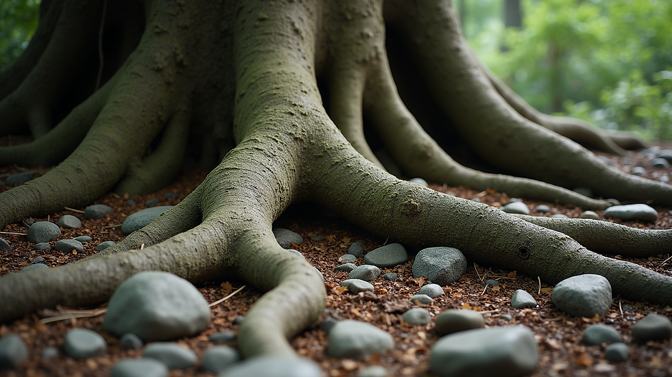 Close-up view of ancient tree roots intertwined with stones