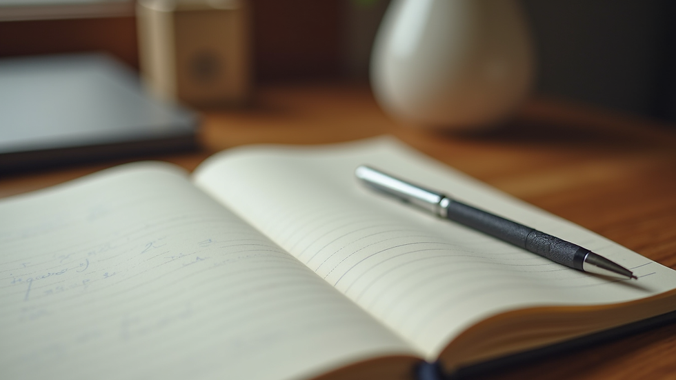 Close-up view of a journal and pen on a wooden table, ready for writing