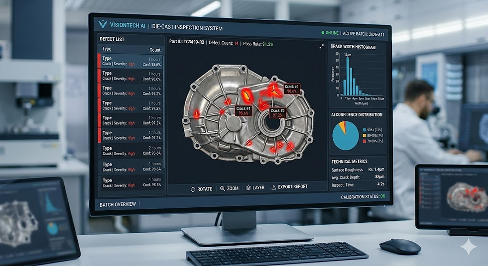 KI-Software-Interface zur Erkennung mikroskopischer Oberflächenrisse und Porosität im Druckguss.
