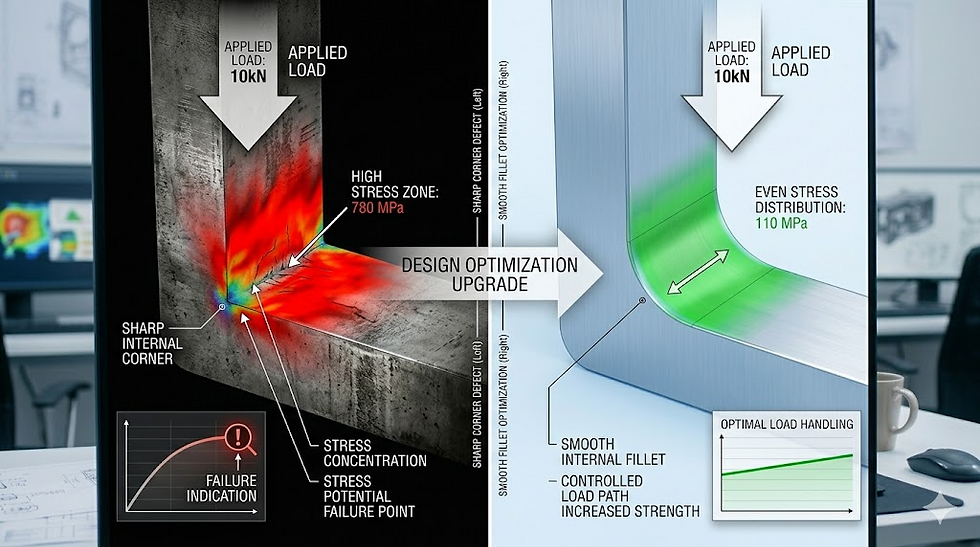 Vergleich von Spannungskonzentrationen bei scharfen Kanten versus Radien im Druckguss-Design.