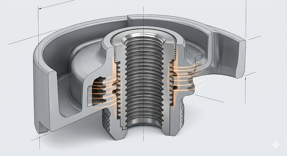 Schnittansicht einer Hybrid-Komponente: Mechanische Verklammerung von Stahleinsätzen in Aluminium-Druckguss.