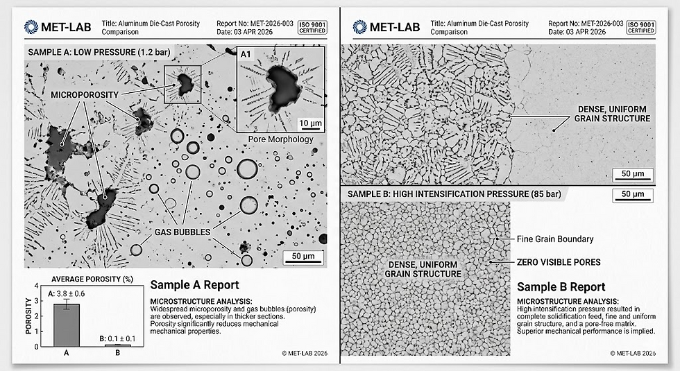 Mikroskopische Gefügestruktur von Aluminium-Druckguss: Einfluss des Gießdrucks auf die Porosität und Materialdichte.