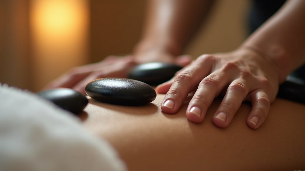 Close-up view of spa treatment with hot stones on back
