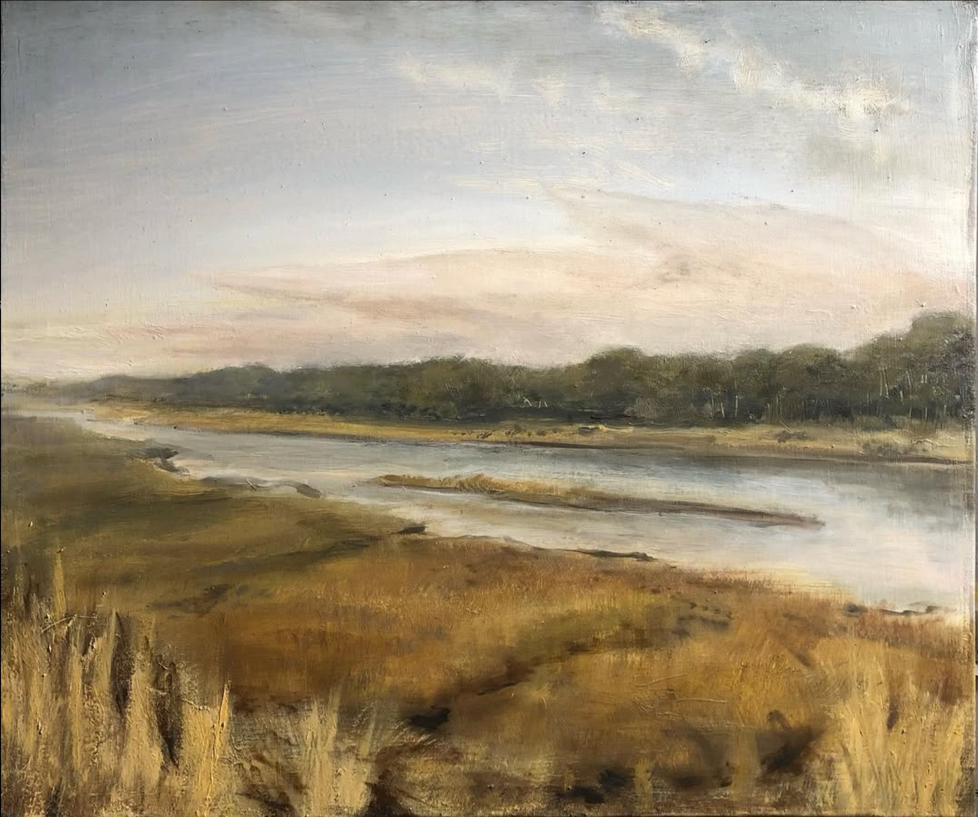 Savannah landscape oil painting of a body of water with a open sky
