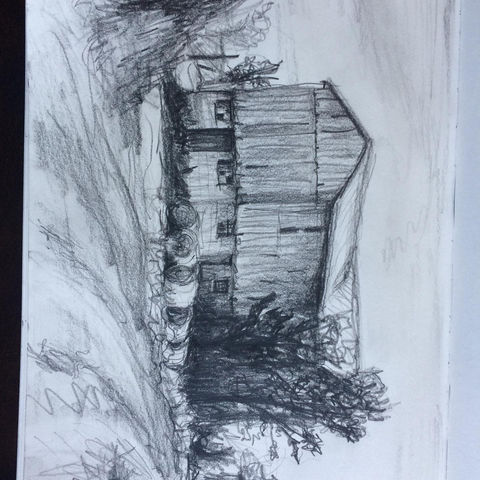 a black and white drawing of a barn with barrels in front of it