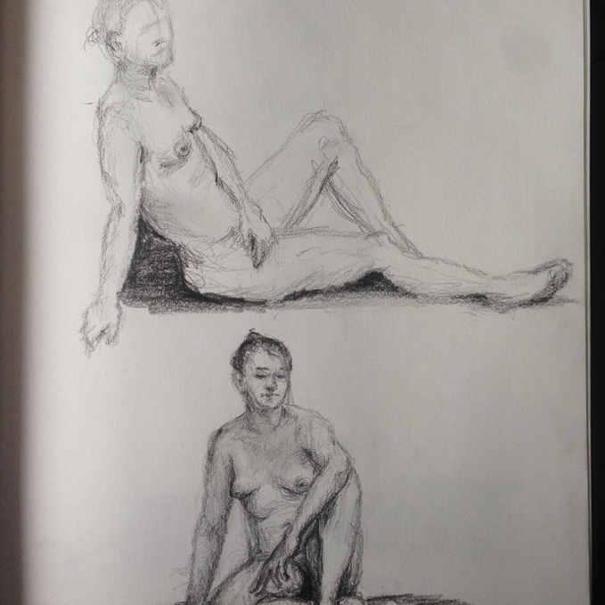 a drawing of a woman sitting and a drawing of a woman sitting down