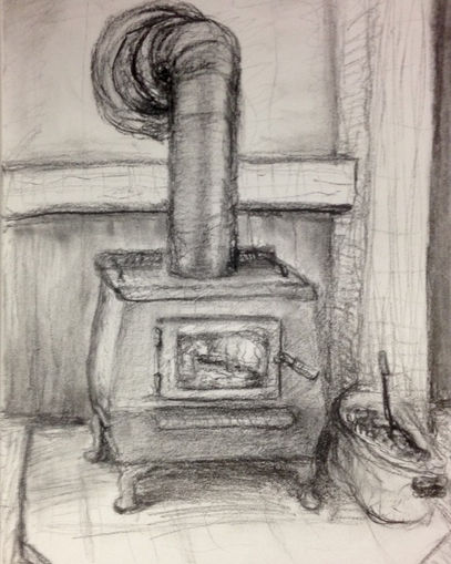 a black and white drawing of a wood stove