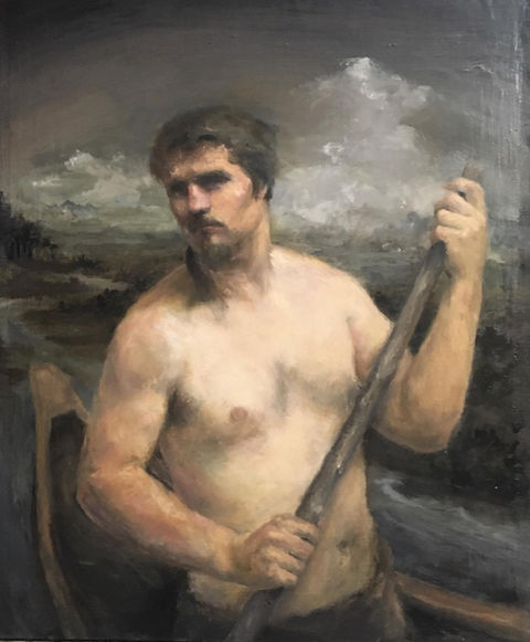 Landscape, Ethereal, Figure painting, Figurative Art, Classical painting, Oil painting, Man on canoe, sea painting