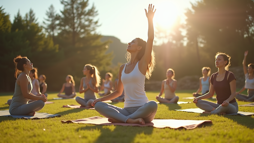 Wide angle view of a small group practicing yoga outdoors on a sunny day