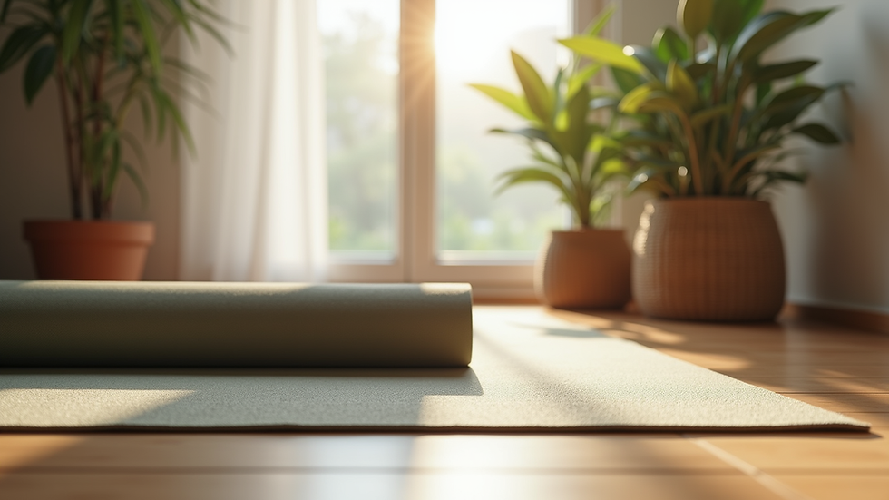Eye-level view of a cozy home yoga setup with a mat and plants