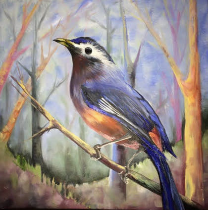 Oil painting of a bird with a blue body and wings and an orange belly perched in a branch in front of a forest background
