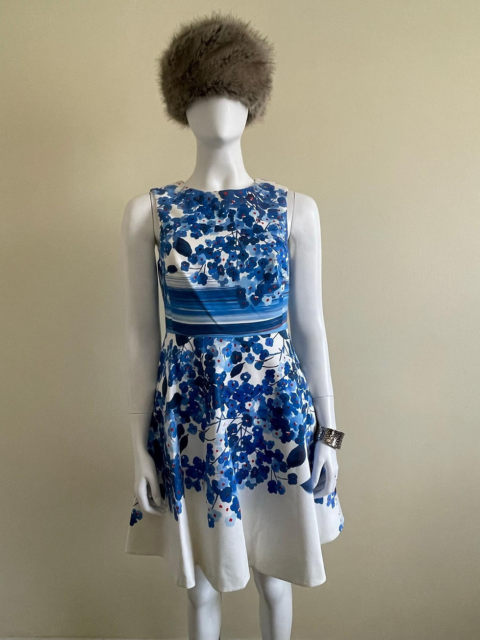 Karen Millen Floral Cotton Dress – full front view showing white base, blue floral print and flared skirt