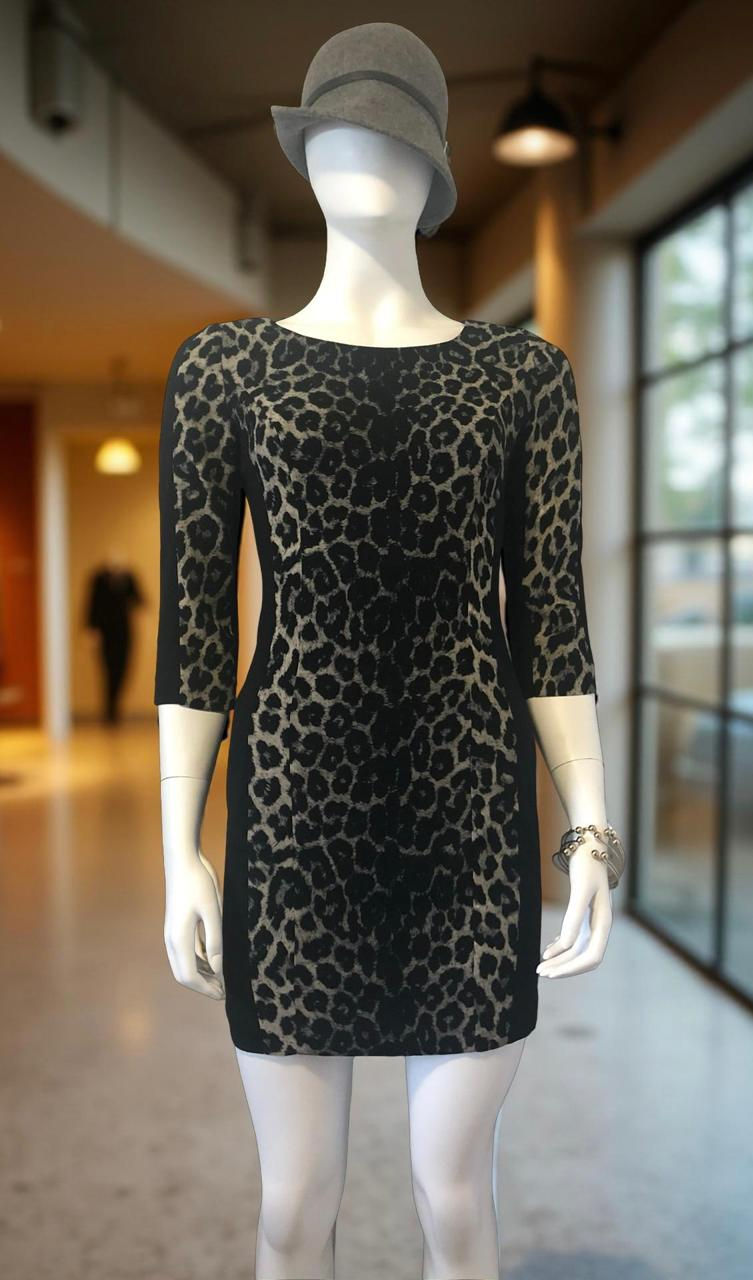 Vero Moda Leopard Print Bodycon Dress – front view showing fitted shift silhouette with 3/4 sleeves and scoop neckline.
