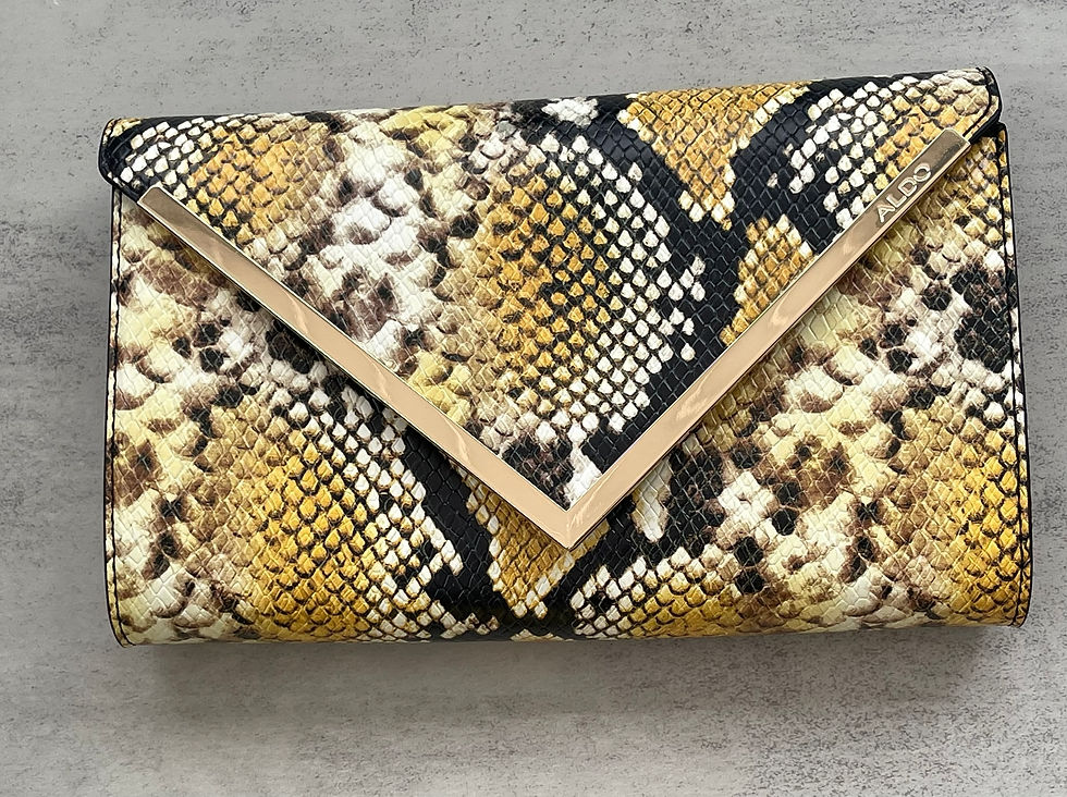 Aldo Snake Print Envelope Clutch – front view showing textured snake print with yellow, black, and beige tones and gold trim
