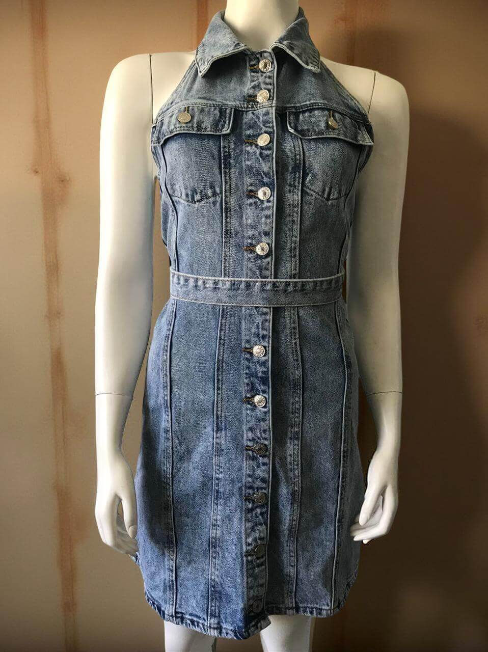 Shein Halter Neck Denim Mini Dress – front view in light-wash blue denim with button-down closure, halter neckline and belt