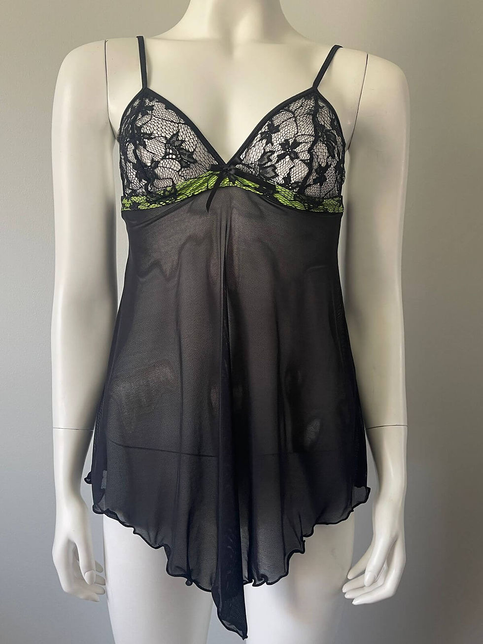 Sheer Lingerie Camisole front view on mannequin showing lace cups, sheer black mesh body and neon yellow detail at bust