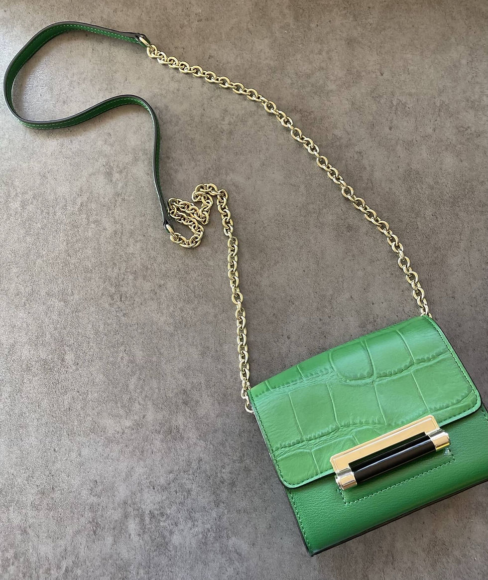 Diane Von Furstenberg Mini Bag – front view in rich green faux croc with gold chain strap and clean flap finish