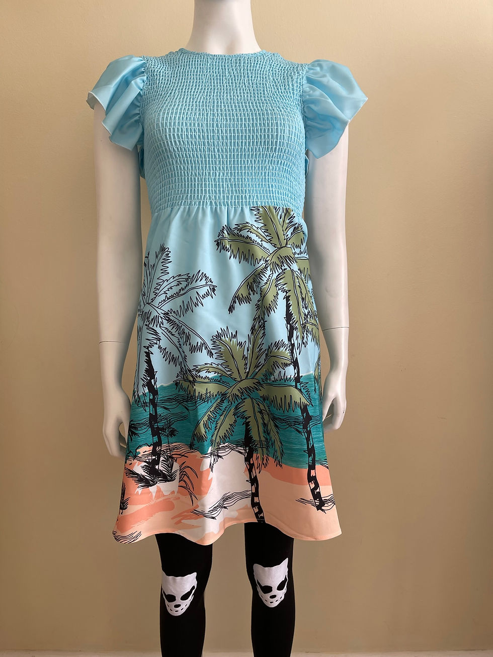 Shein Tropical Print Casual Dress – front view showing smocked bodice and bold palm tree print on blue base