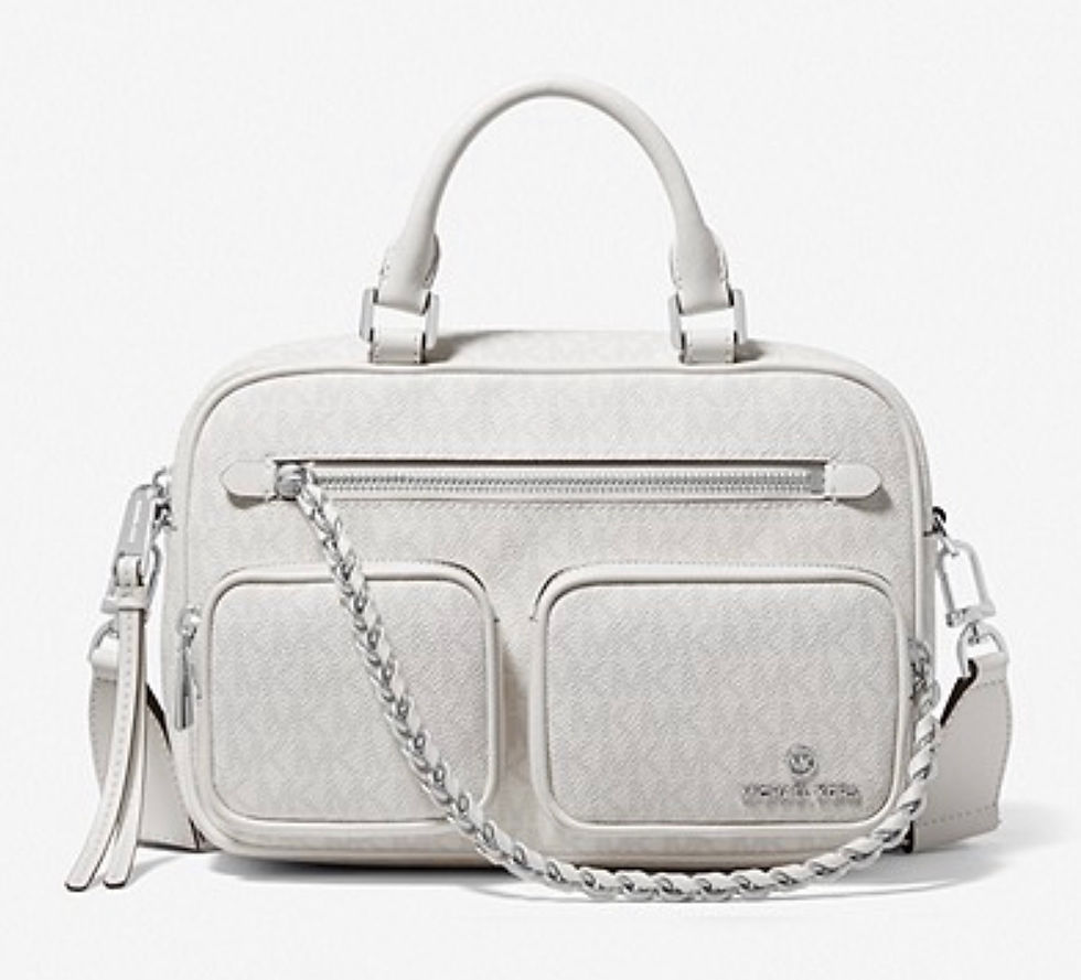 Michael Kors Elliot Messenger Bag – flat lay front view with zip pockets, double handles, and chain strap detail