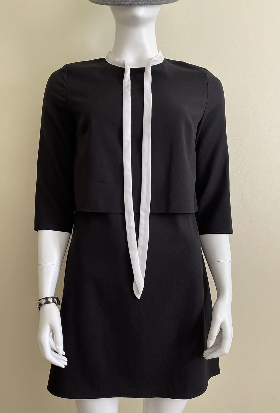 Fashion Union Tie Collar Mini Dress in black – alternate front view styled with loose white tie and subtle waist seam