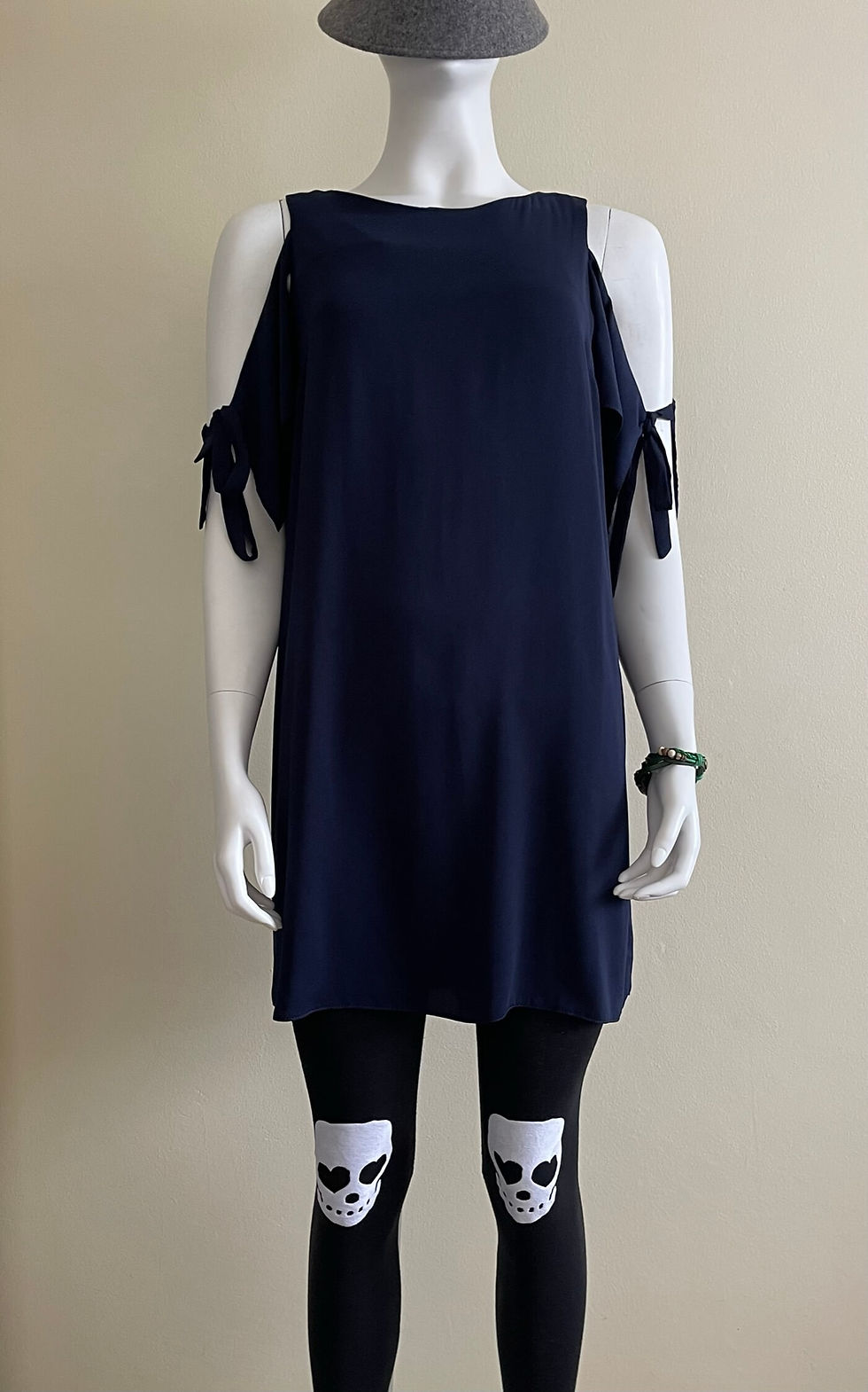 Lipsy London Exposed Shoulder Dress in Navy – front view showing relaxed fit, shoulder cut-outs, and bow tie sleeve detail.